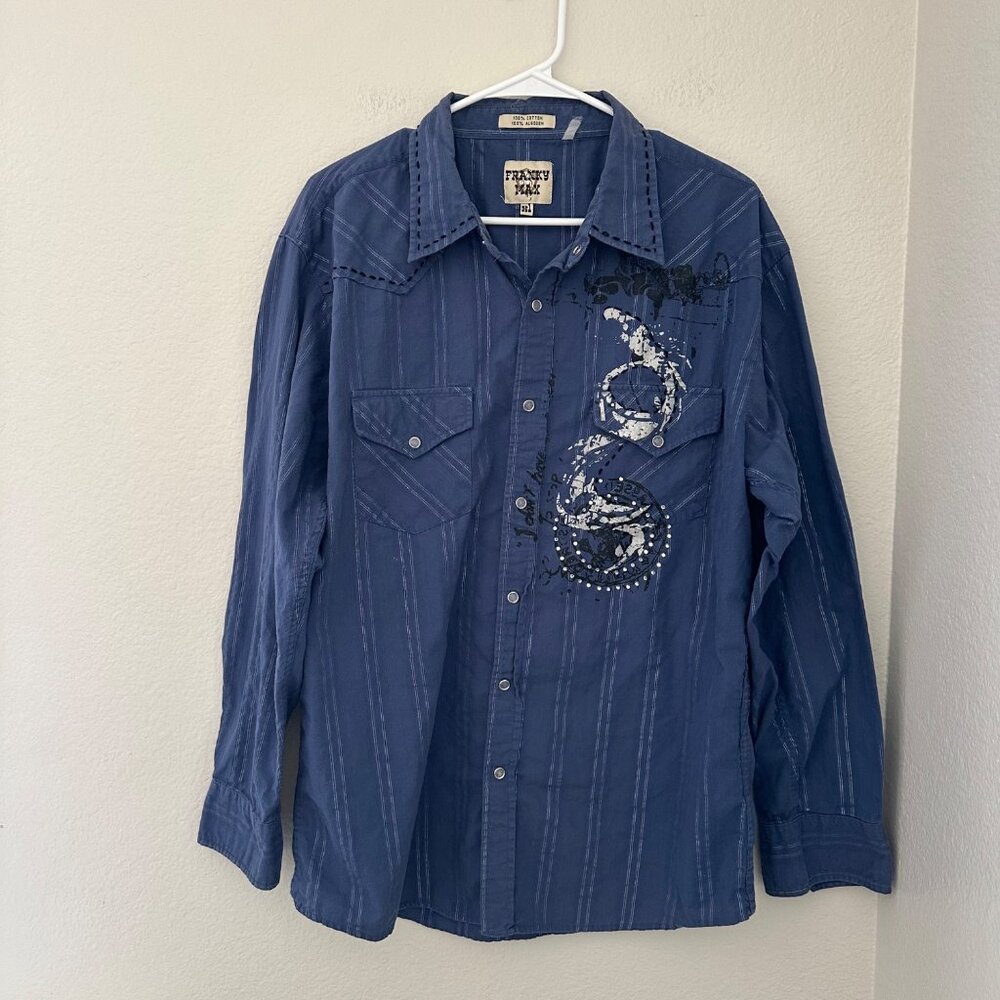 Franky Max Western Button Up Shirt Cotton Rhinestone Blue Striped Sz XL